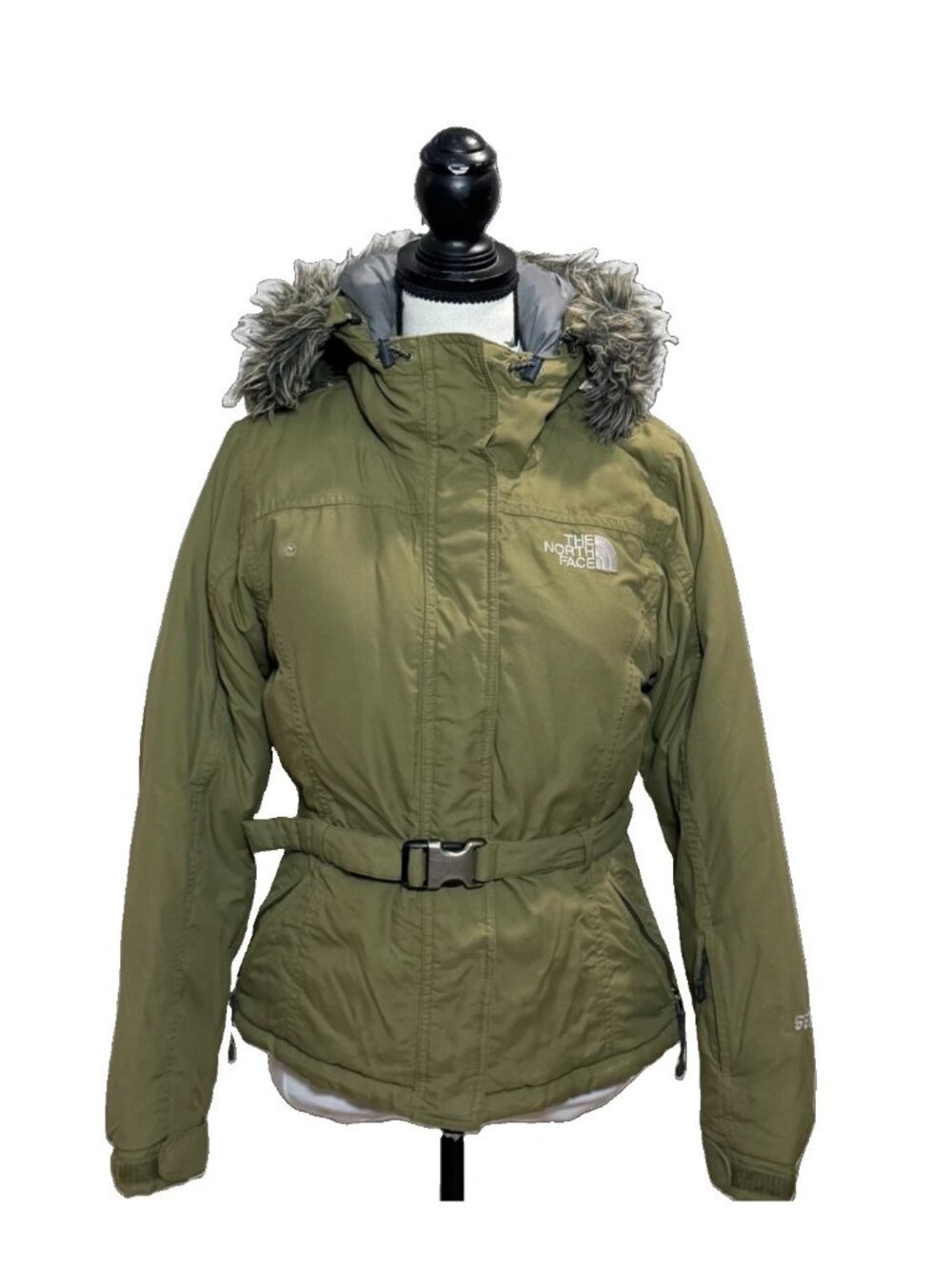The North Face 550 Down Puffer Jacket Size XS Lined Hood Belted Waist Full Zip